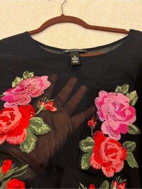 INC International Concepts Black Sheer Top with Pink & Red Floral Embroidery